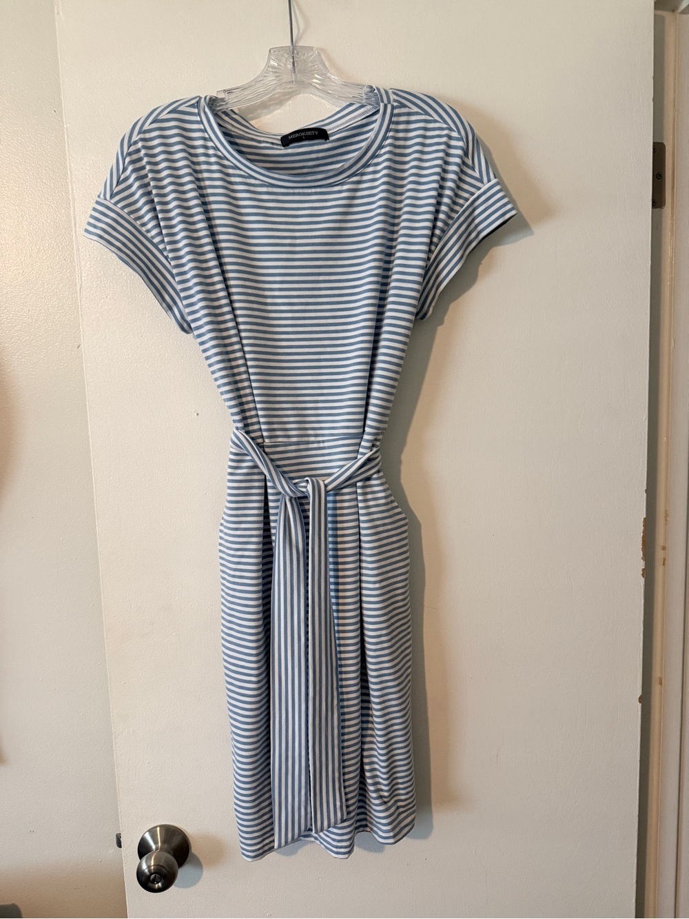 Casual Blue and White Striped Belted Midi Dress